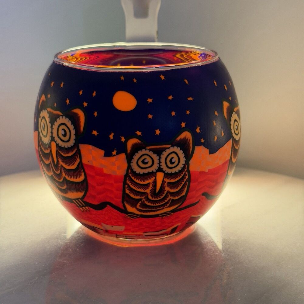 Owl Glass Tealight Candle Holder German Woodland Night Sky Blue Orange